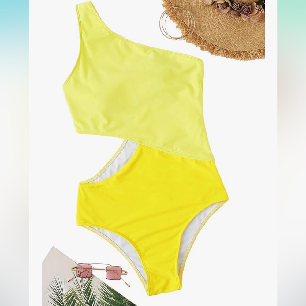 SweatyRocks | One Shoulder Cutout Yellow Monokini Swimsuit